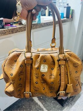 MCM Cognac Brown Visetos Logo Satchel with Gold Hardware key &lock attached